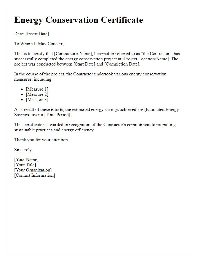 Letter template of Energy Conservation Certificate for Contractors