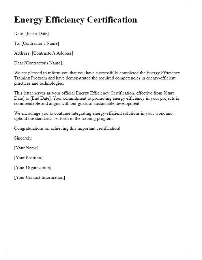 Letter template of Energy Efficiency Certification for Contractors