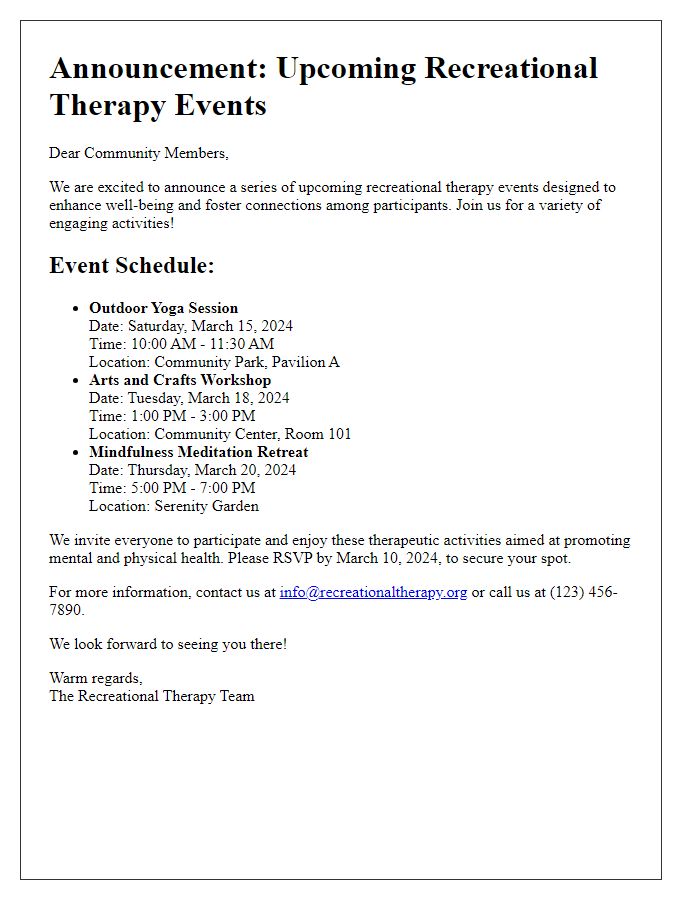 Letter template of announcement for upcoming recreational therapy events