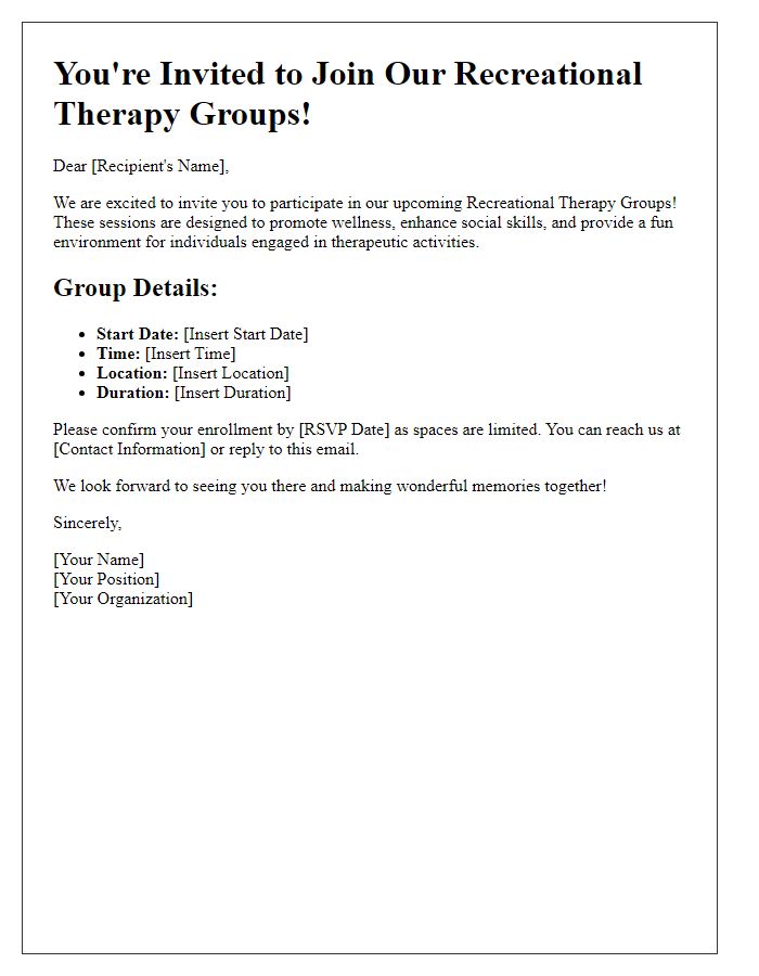 Letter template of enrollment invitation for recreational therapy groups