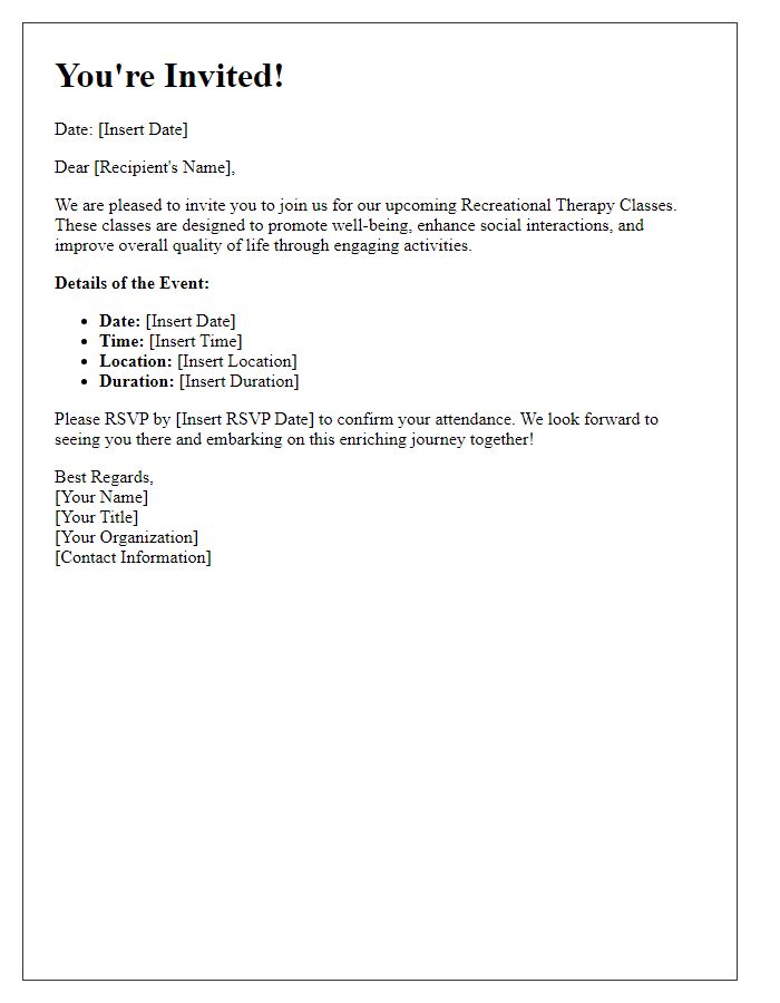 Letter template of formal invitation to recreational therapy classes