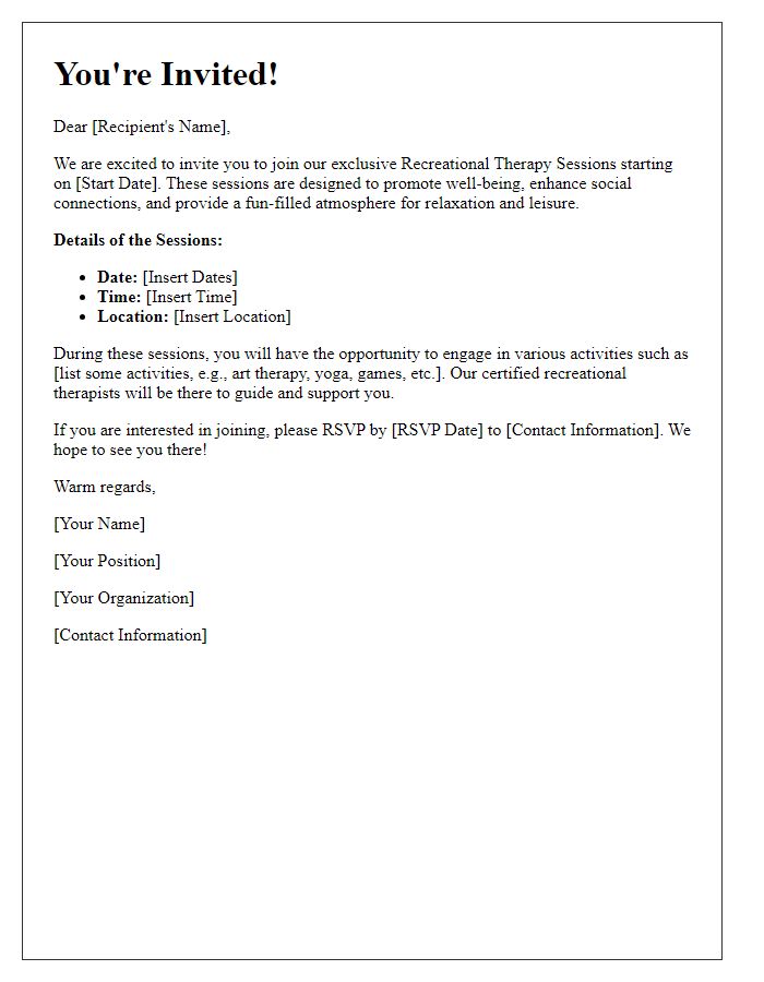 Letter template of invitation to join recreational therapy sessions