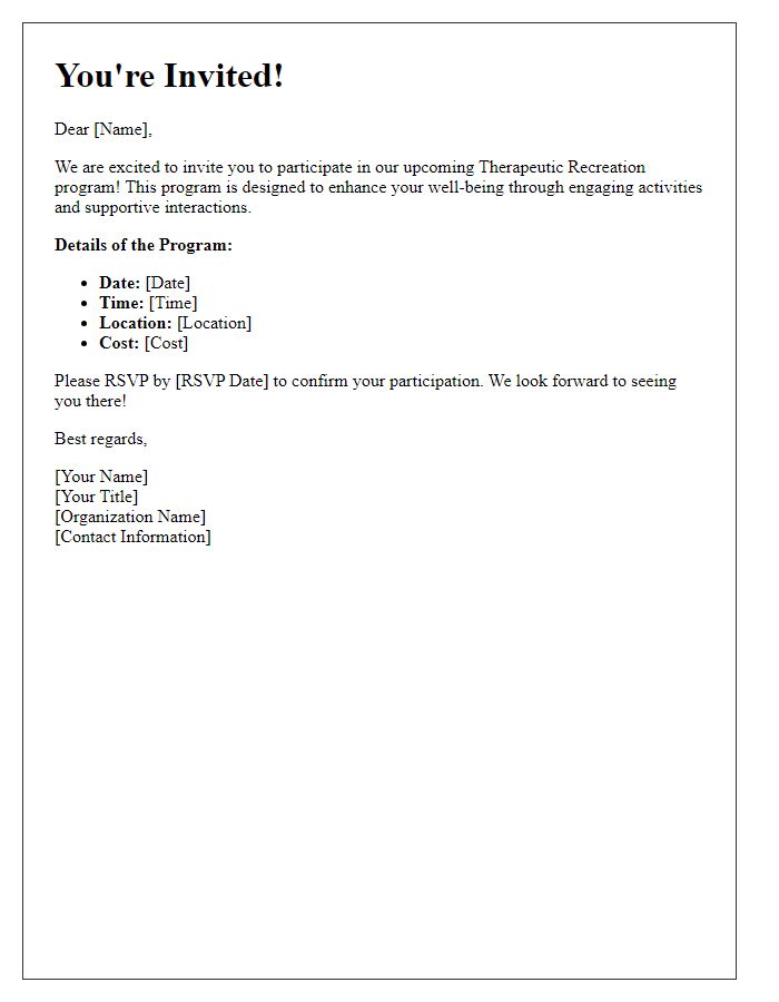 Letter template of invitation to participate in therapeutic recreation