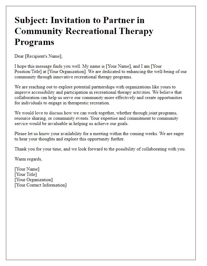 Letter template of outreach for community recreational therapy involvement