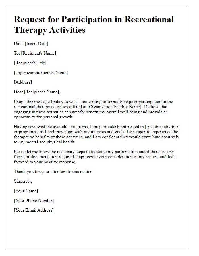 Letter template of request for participation in recreational therapy activities