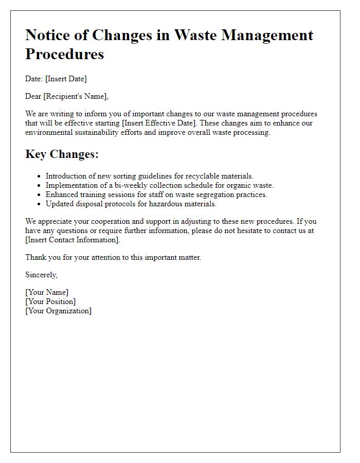 Letter template of changes in waste management procedures.