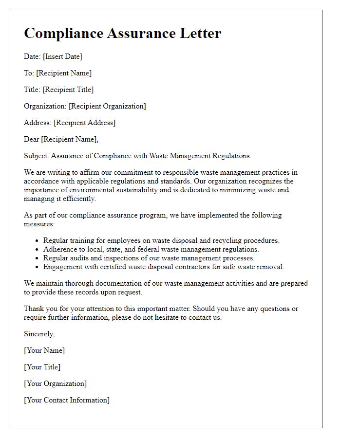 Letter template of compliance assurance for waste management.