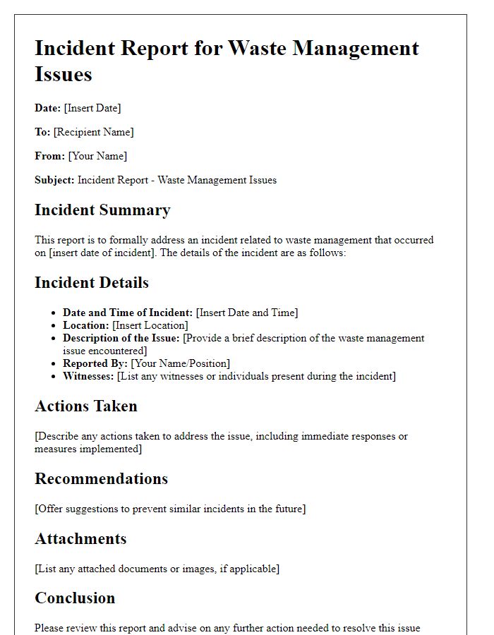 Letter template of incident report for waste management issues.