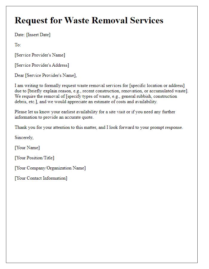 Letter template of request for waste removal services.