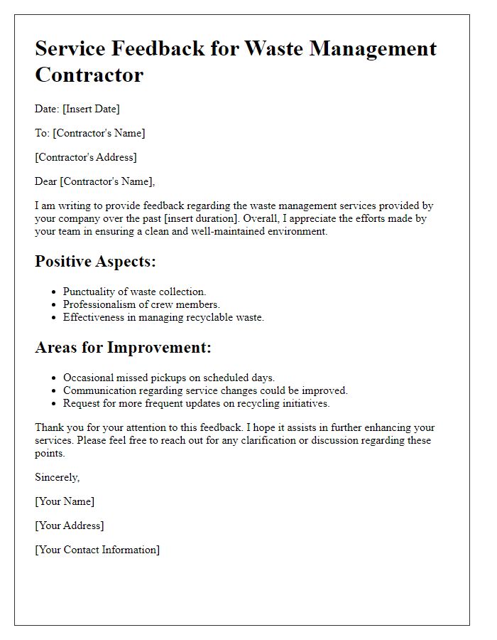 Letter template of service feedback for waste management contractor.