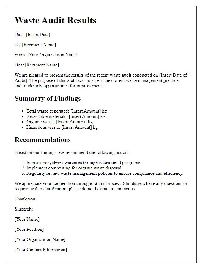 Letter template of waste audit results communication.