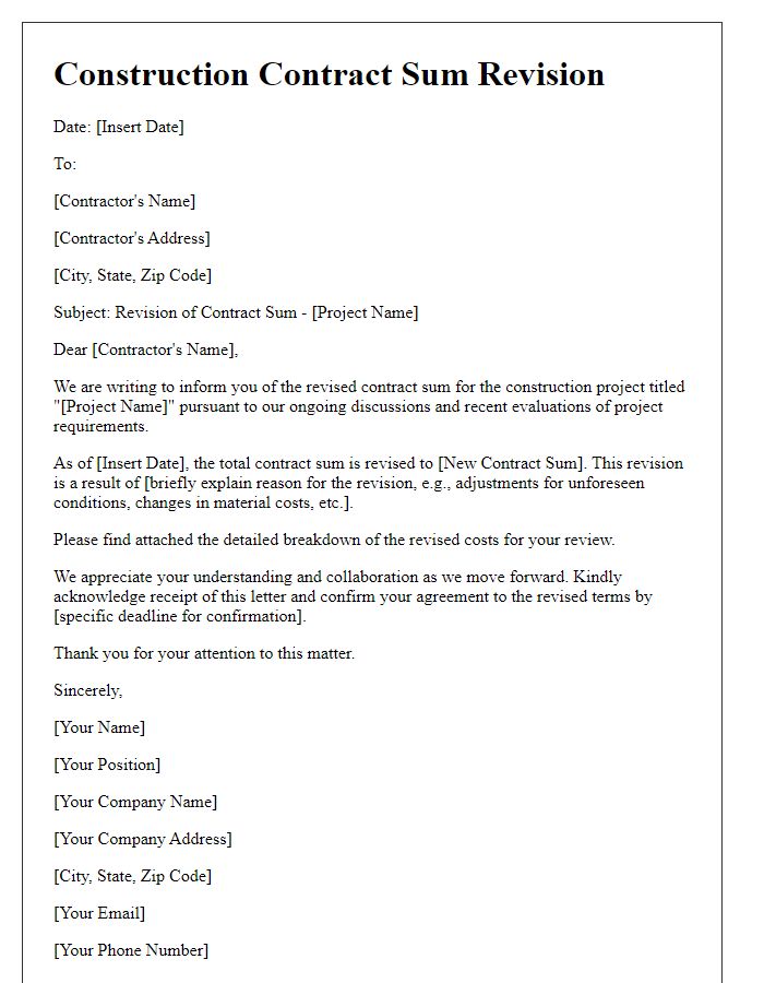 Letter template of construction contract sum revision