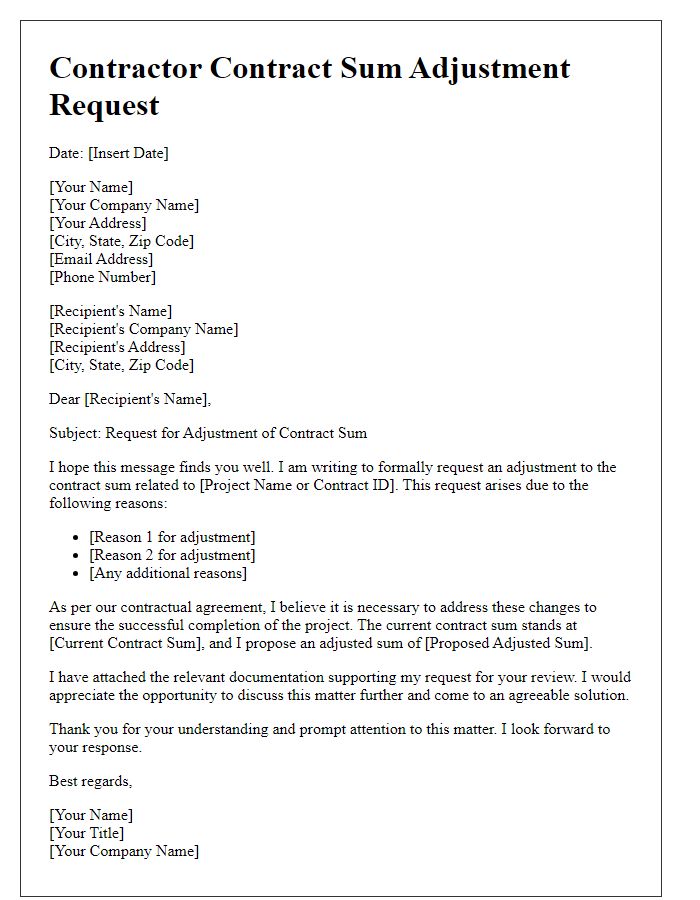 Letter template of contractor contract sum adjustment request