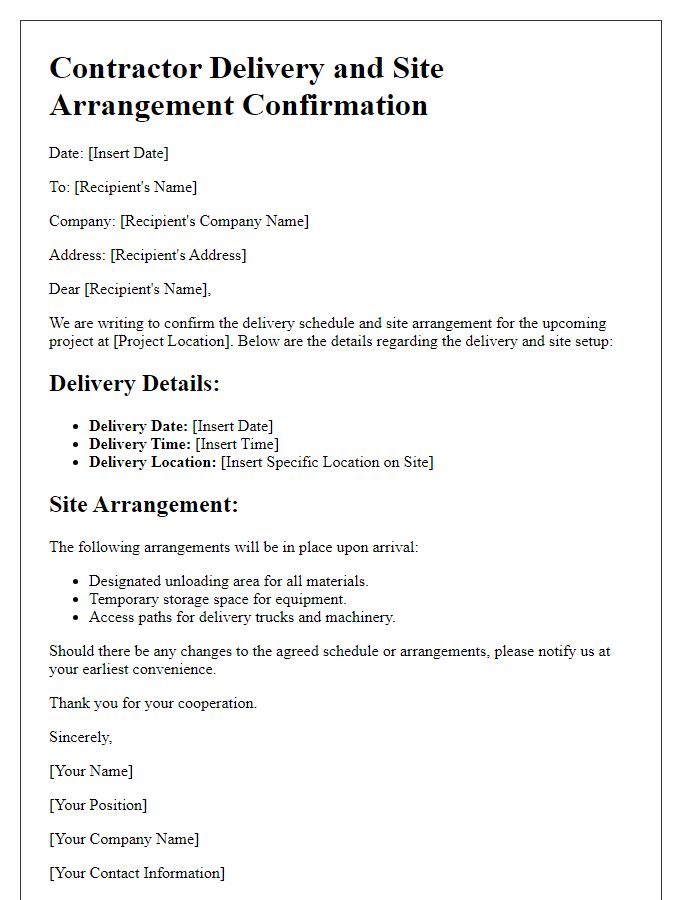 Letter template of Contractor Delivery and Site Arrangement