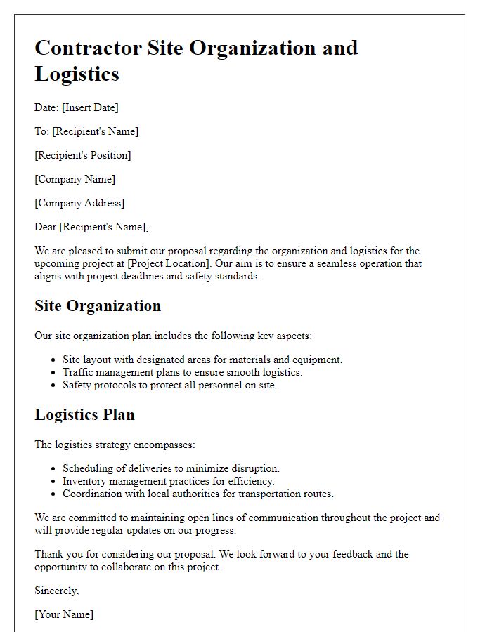 Letter template of Contractor Site Organization and Logistics