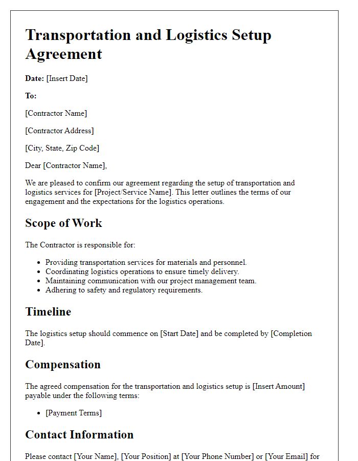 Letter template of Contractor Transportation and Logistics Setup