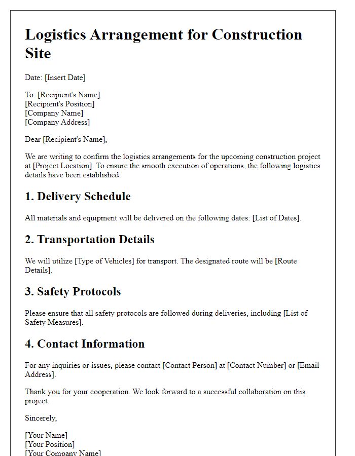 Letter template of Logistics Arrangement for Construction Sites