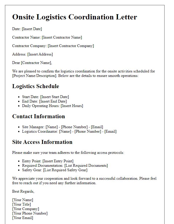 Letter template of Onsite Logistics Coordination for Contractors