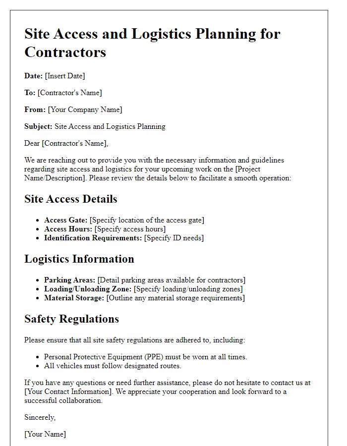 Letter template of Site Access and Logistics Planning for Contractors