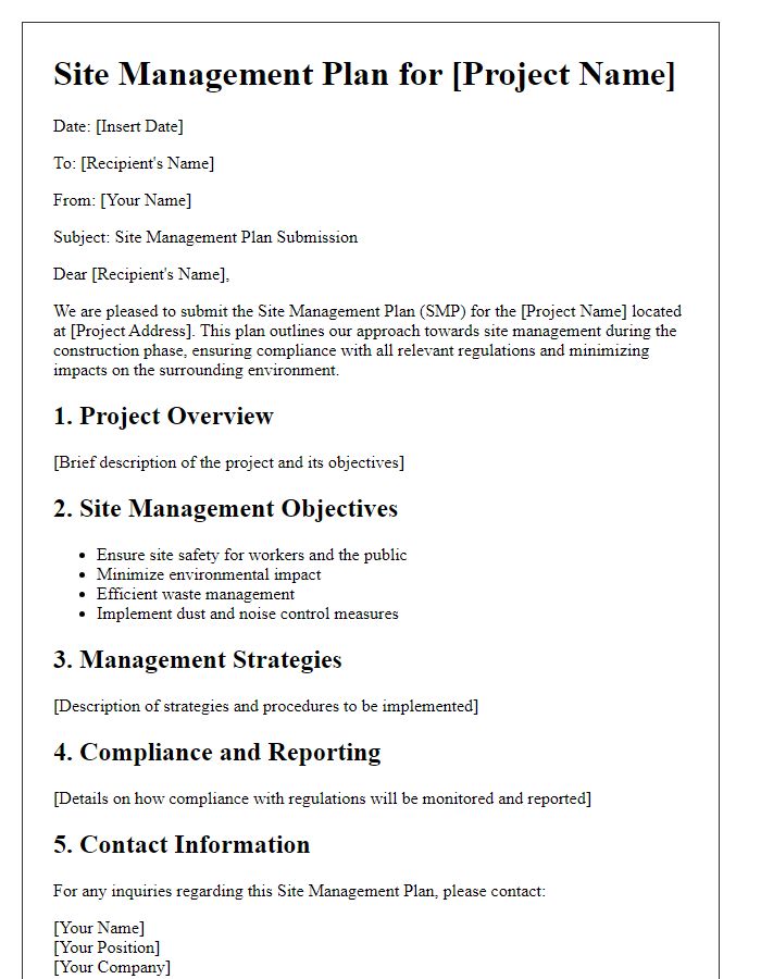 Letter template of Site Management Plan for Construction Projects