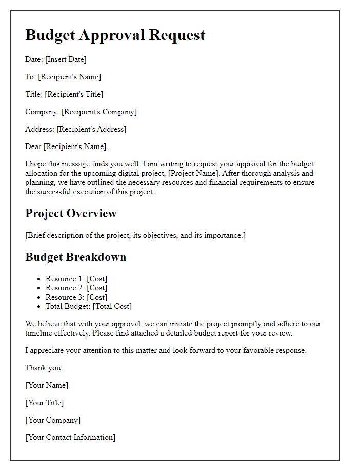 Letter template of contractor digital project management for budget approval