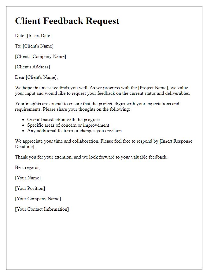 Letter template of contractor digital project management for client feedback request