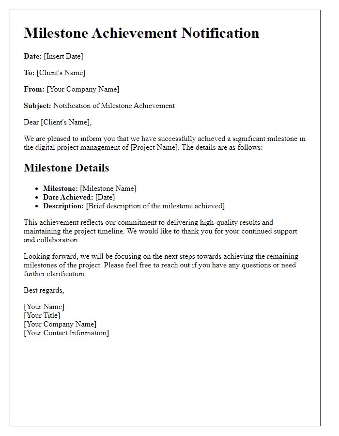 Letter template of contractor digital project management for milestone achievements