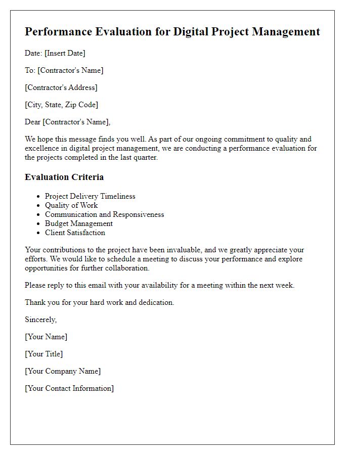 Letter template of contractor digital project management for performance evaluation