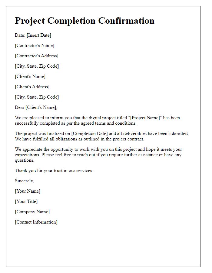Letter template of contractor digital project management for project completion confirmation