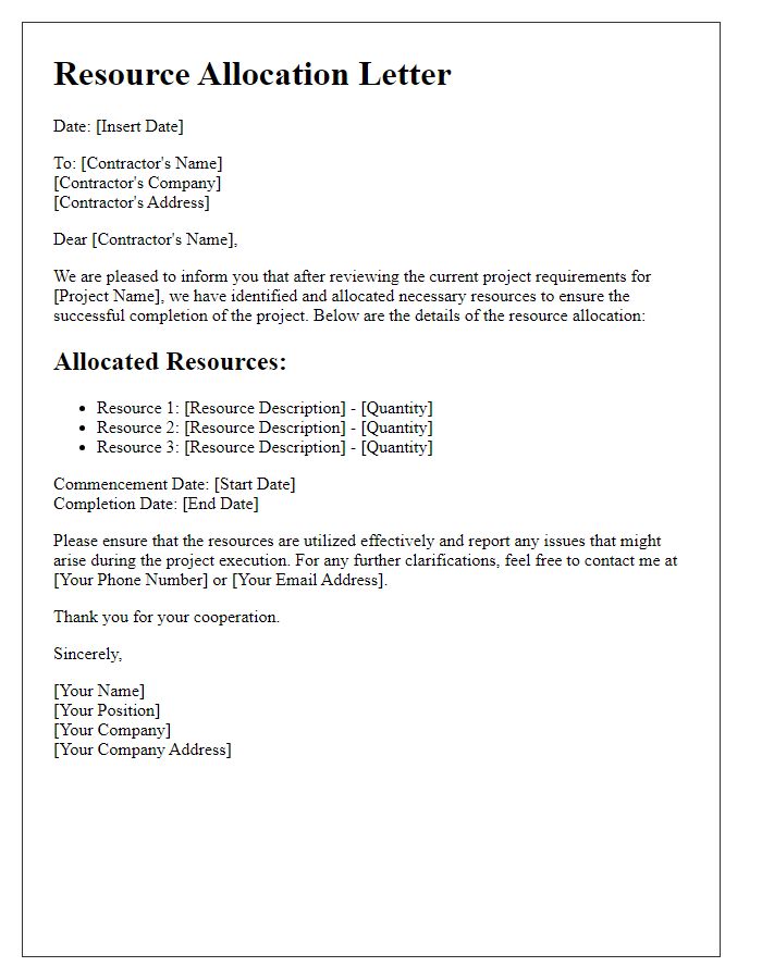 Letter template of contractor digital project management for resource allocation