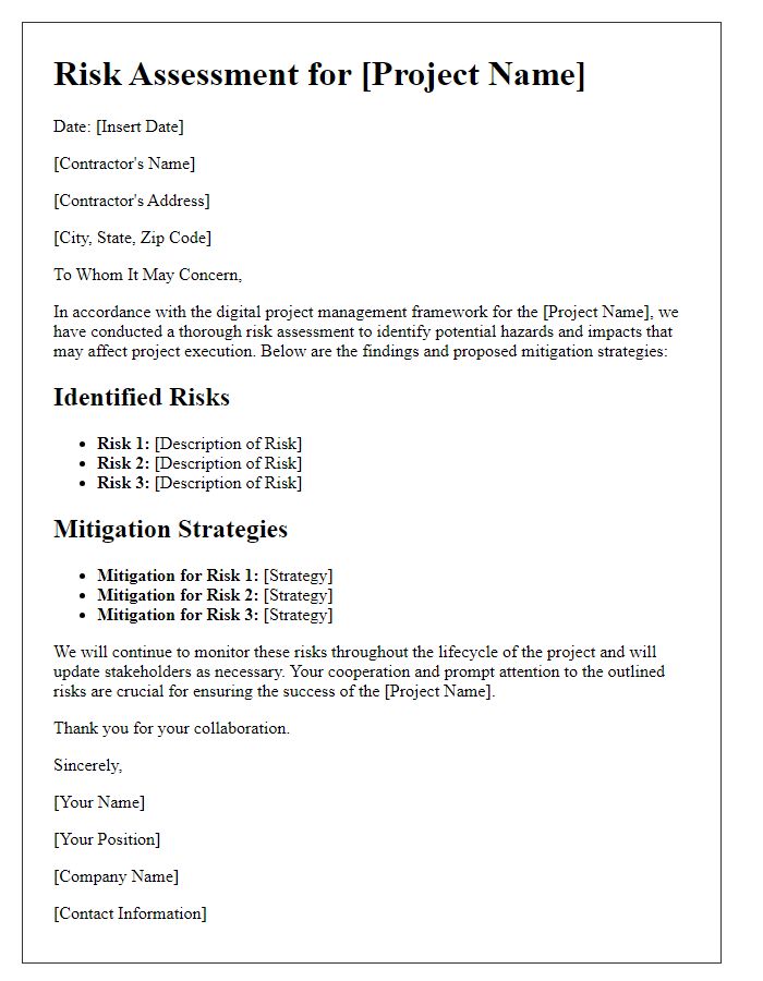 Letter template of contractor digital project management for risk assessment