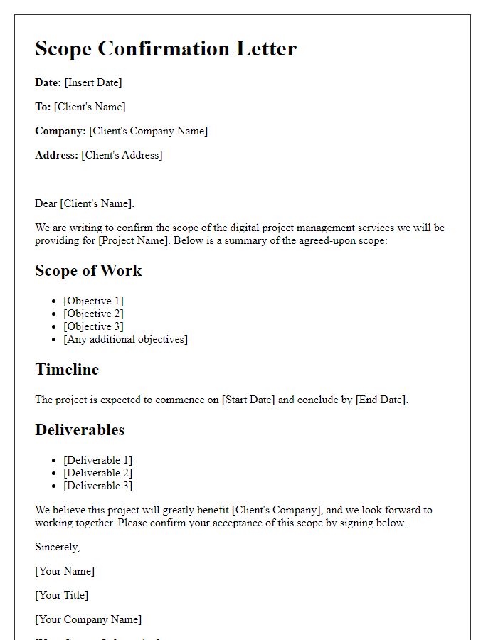 Letter template of contractor digital project management for scope confirmation