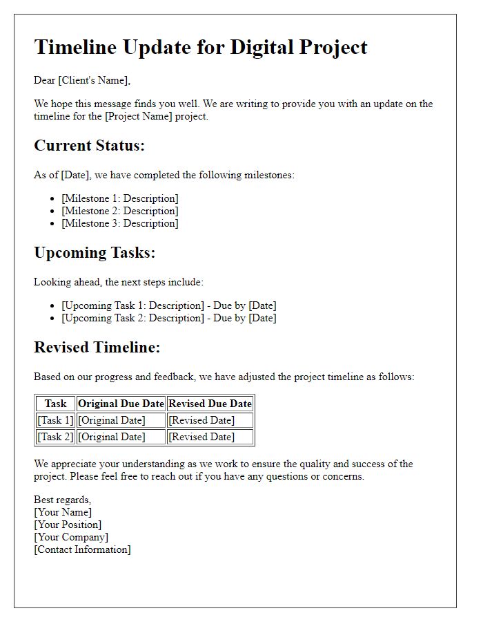 Letter template of contractor digital project management for timeline update