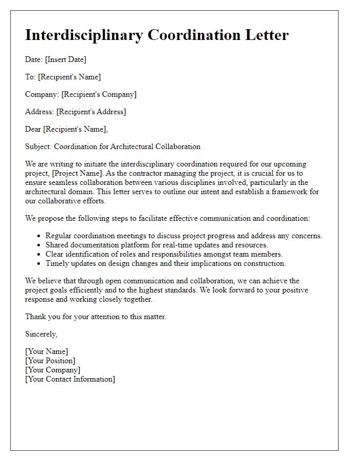 Letter template of contractor interdisciplinary coordination for architectural collaboration.