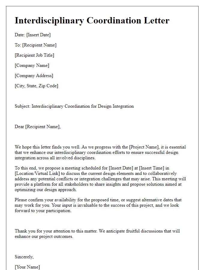 Letter template of contractor interdisciplinary coordination for design integration.