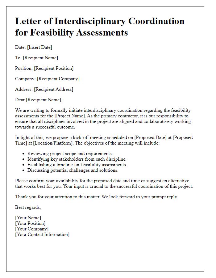 Letter template of contractor interdisciplinary coordination for feasibility assessments.