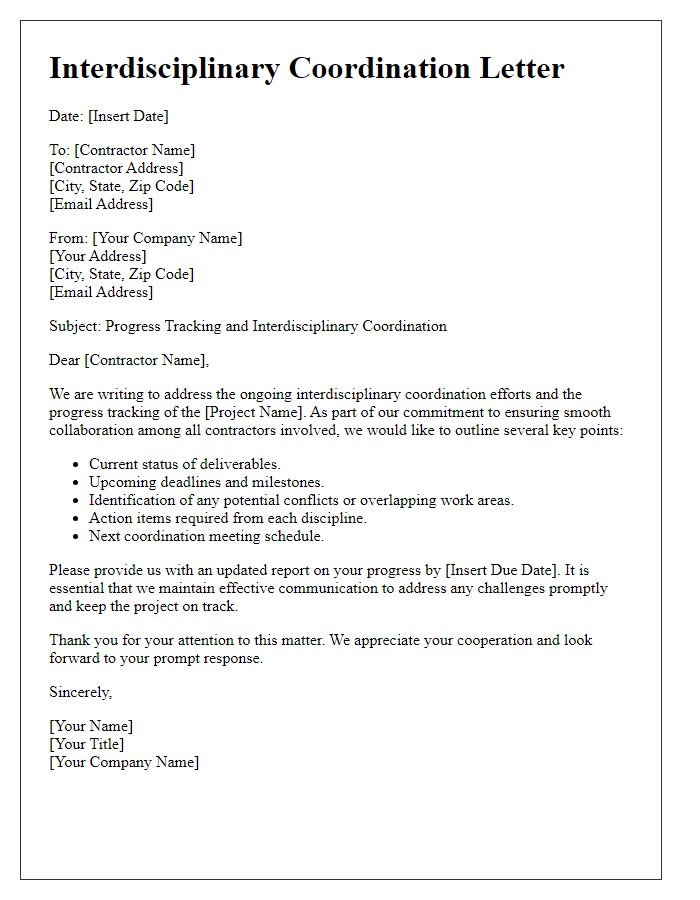 Letter template of contractor interdisciplinary coordination for progress tracking.