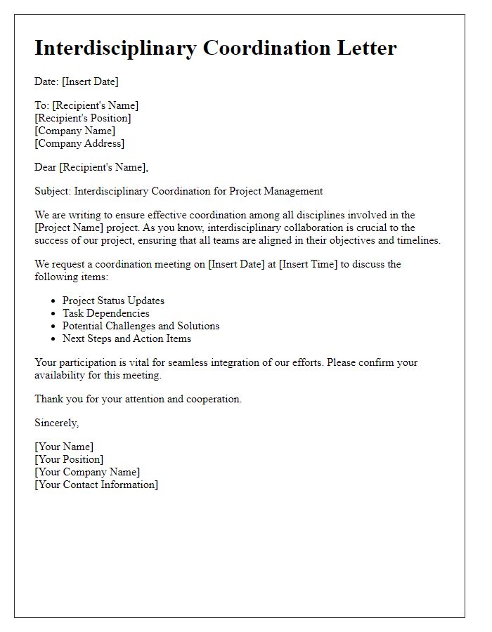 Letter template of contractor interdisciplinary coordination for project management.