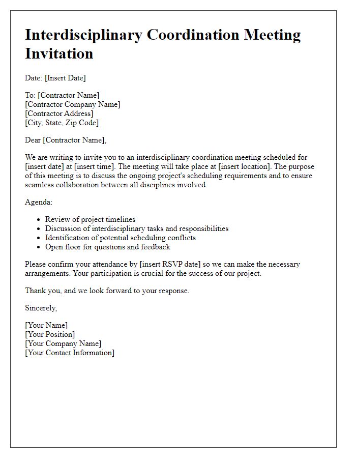 Letter template of contractor interdisciplinary coordination for scheduling meetings.