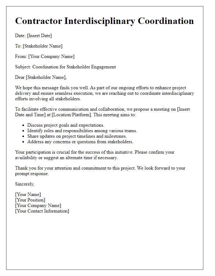 Letter template of contractor interdisciplinary coordination for stakeholder engagement.