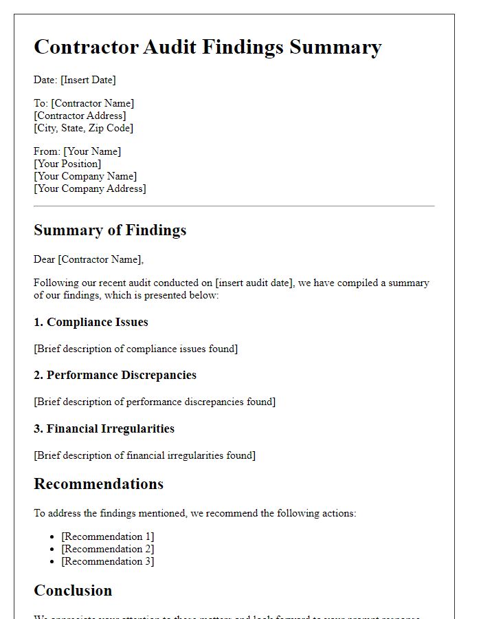 Letter template of contractor audit findings summary