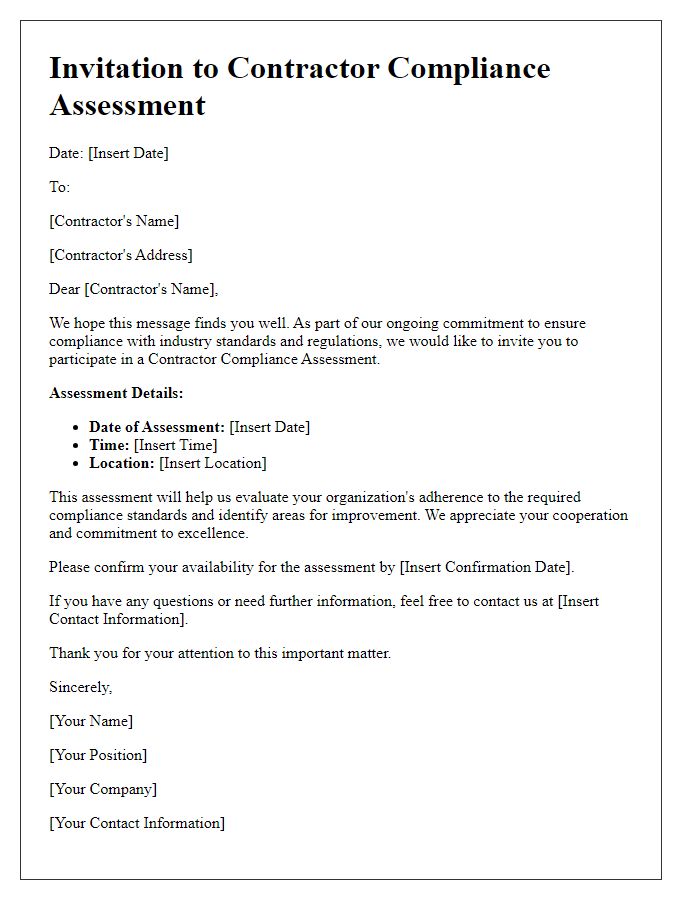 Letter template of contractor compliance assessment invitation