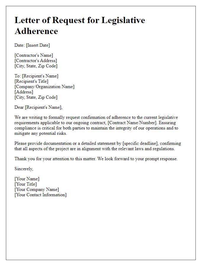 Letter template of contractor legislative adherence request