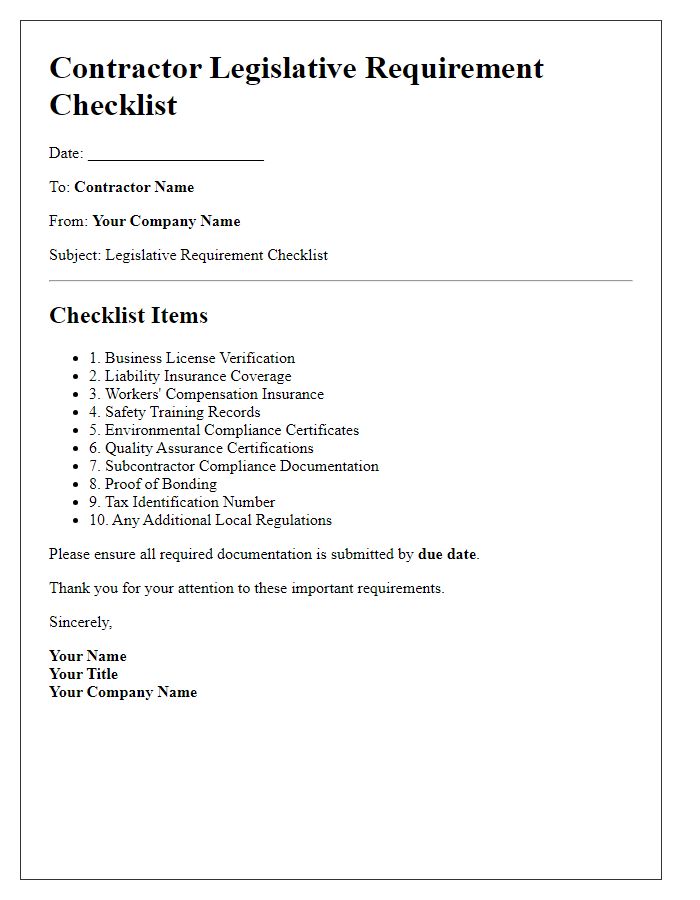 Letter template of contractor legislative requirement checklist