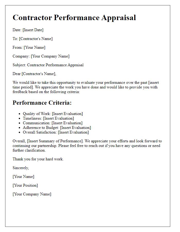 Letter template of contractor performance appraisal