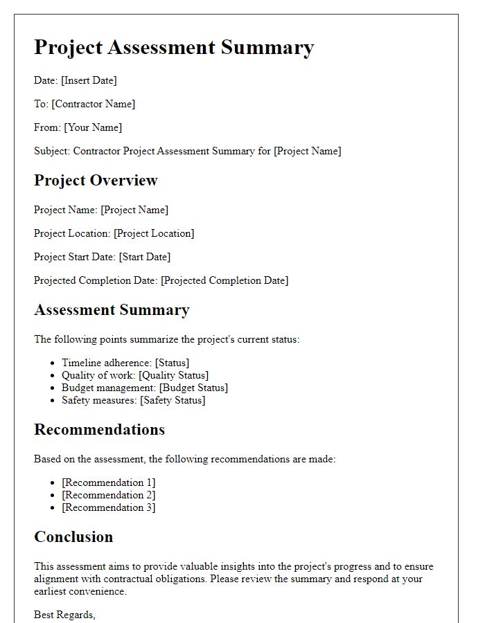 Letter template of contractor project assessment summary