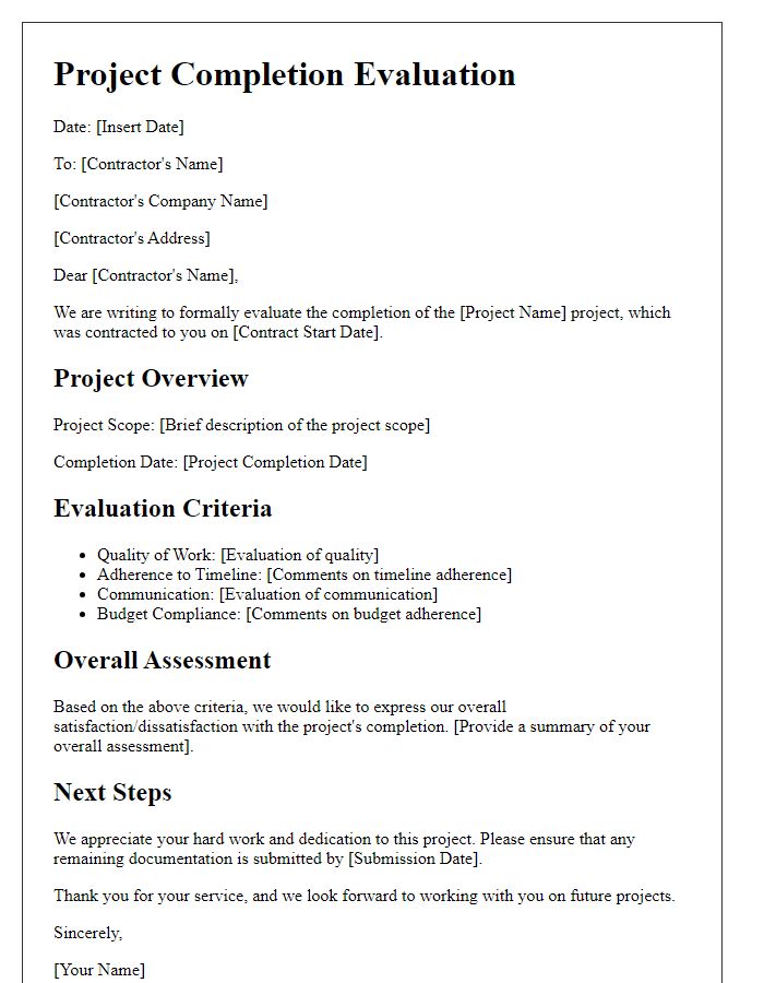 Letter template of contractor project completion evaluation