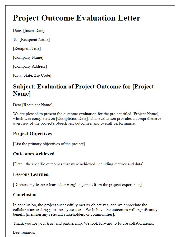 Letter template of contractor project outcome evaluation