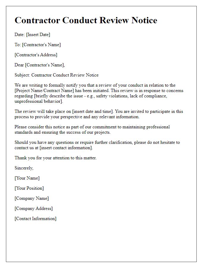 Letter template of Contractor Conduct Review Notice