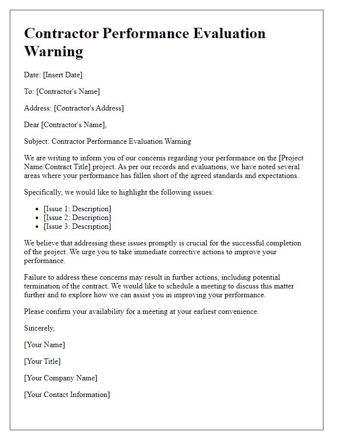 Letter template of Contractor Performance Evaluation Warning